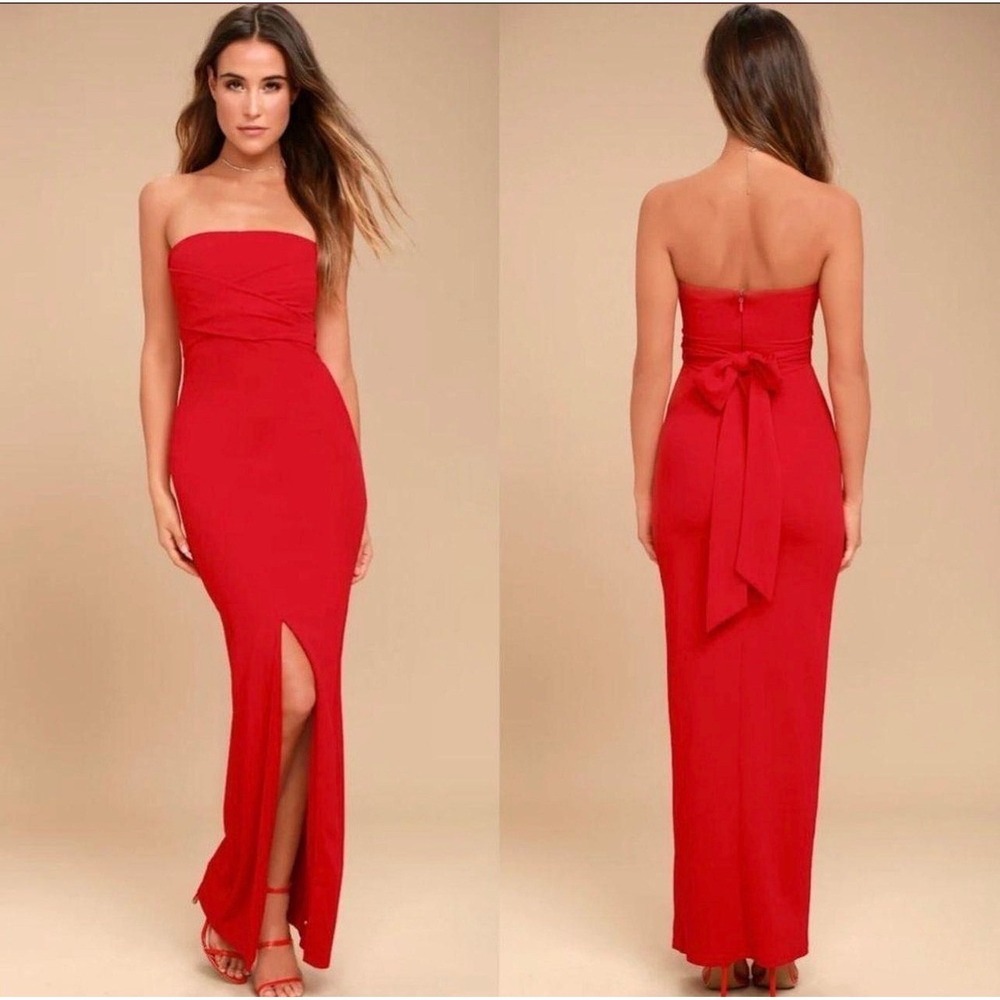 Lulus Womens Dress XL Own The Night Red Strapless Maxi Front Slit Sexy Romantic